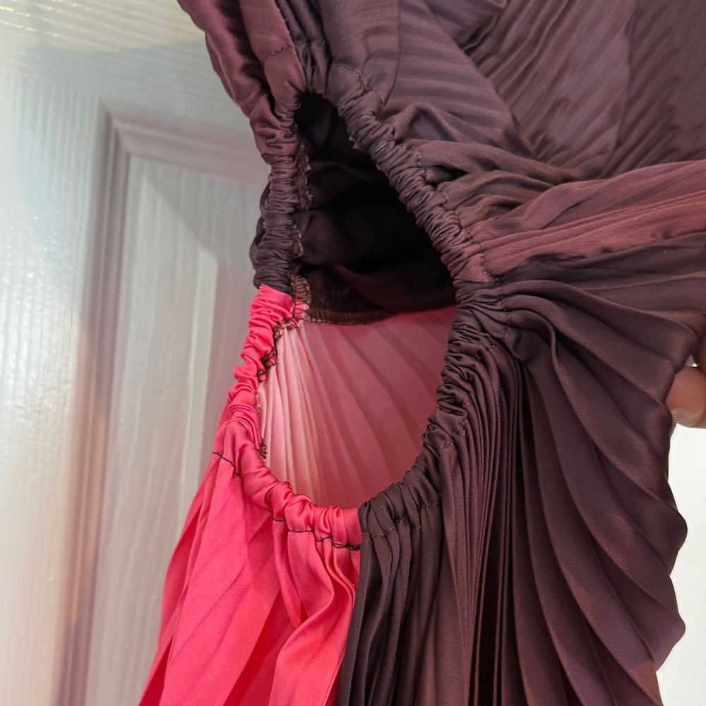 Fashion Nova One-Shoulder Ombre Pleated Gown in Burgundy-to-Pink - Picture 5 of 8